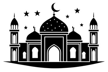 Ramadan Coloring Page Black and White Line Art of Mosque Silhouette with Crescent Moon and Star