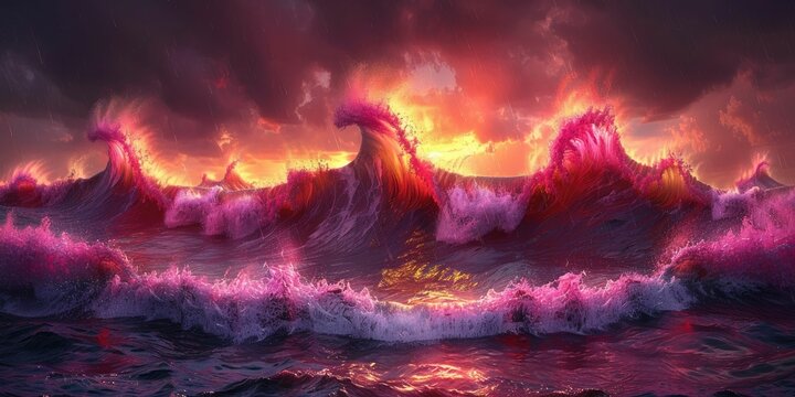 Dramatic fiery pink waves crash against a dark stormy sky.