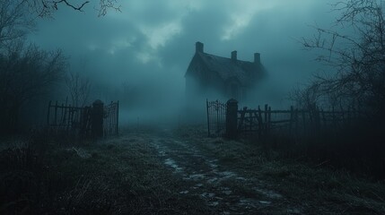 Chilling Halloween night scene with a horror theme and ominous fog rolling through, creating a deeply unsettling and spooky environment