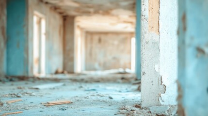 The interior of an abandoned building shows signs of renovation with dust-covered floors and unfinished walls that hint at past neglect