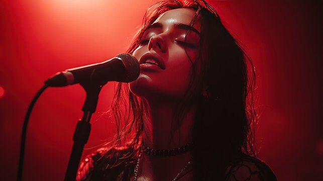 A young woman sings passionately into a microphone on stage, illuminated by red spotlights.