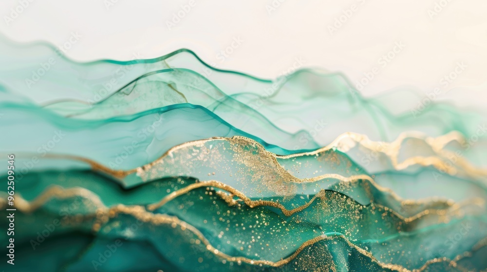 Poster flowing waves of green and gold create a mesmerizing abstract design that captivates the eye with de