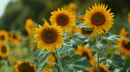 Many Blooming Sunflowers in a Summer Field