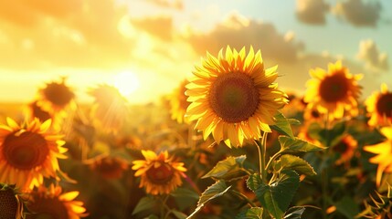 Obraz premium Many Blooming Sunflowers in a Summer Field