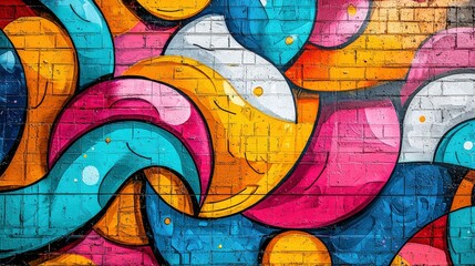 Colorful graffiti wall with dynamic abstract shapes, bold colors, and expressive street art strokes, creating an energetic pop art background