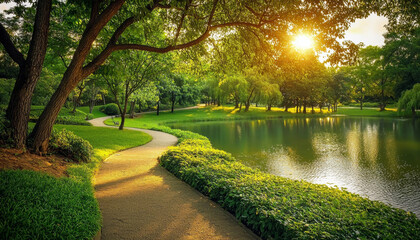 Fototapeta premium A serene park path winding through lush greenery, leading to a tranquil lake under a warm sunset.