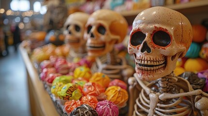 Colorful Halloween candy and spooky skeleton decor complementing a trick-or-treat adventure for a delightful and festive Halloween atmosphere