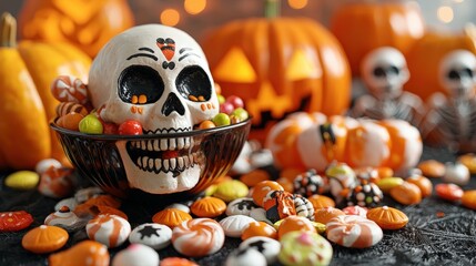Colorful Halloween candy and spooky skeleton decor complementing a trick-or-treat adventure for a delightful and festive Halloween atmosphere