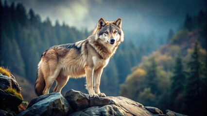 Fototapeta premium Majestic wolf standing strong on rocky terrain in the wilderness, wolf, wildlife, predator, strong, powerful, majestic, animal