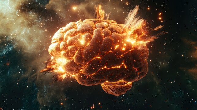 Concept art of a human brain exploding with knowledge and creativity
