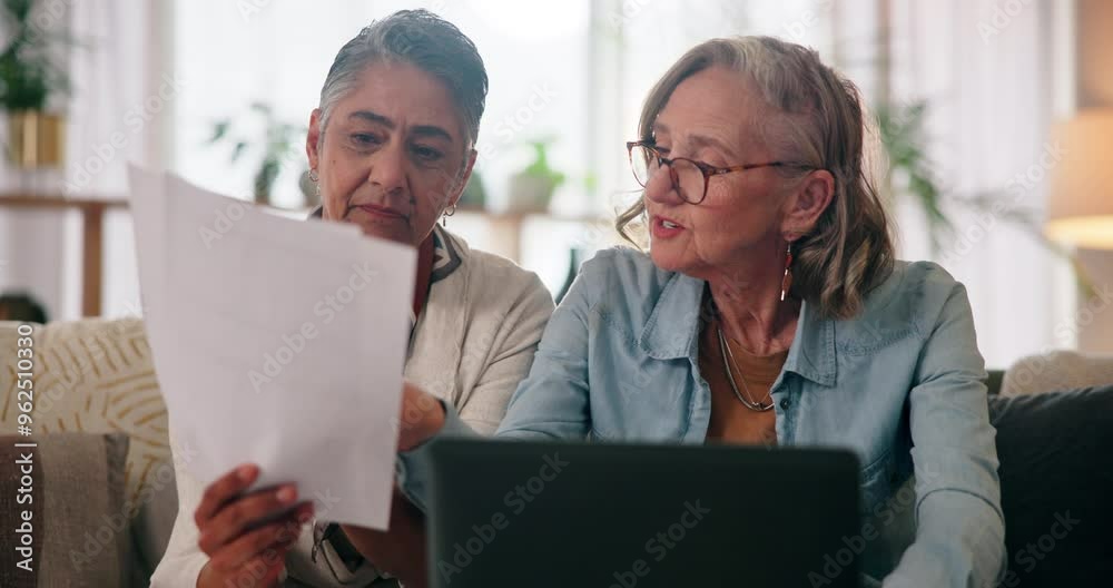 Sticker Mature women, lesbian and laptop in home for retirement planning and investment. LGBTQ couple, relationship and budget review meeting with documents, paperwork and savings for financial security