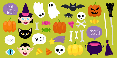 Collection of magical Halloween illustrations. Cute cartoon elements for Halloween design. Witch, vampire, cat, pumpkins, ghost, bat, spider, skull, bones, broom, cauldron, candy, star.