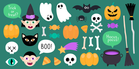 Collection of magical Halloween illustrations on dark green. Cute cartoon elements for Halloween design. Witch, vampire, cat, pumpkins, ghost, bat, spider, skull, bones, broom, cauldron, candy, star.