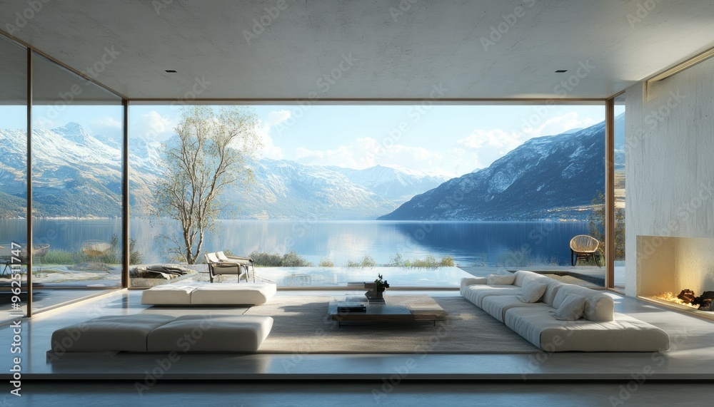 Poster Modern Living Room with Mountain Lake View