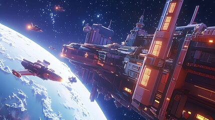 Obraz premium Futuristic Spaceship Station Orbiting Earth