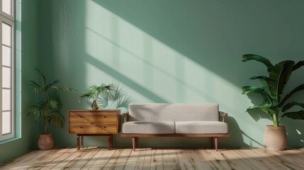 Interior with green mint wall, sofa, sideboard on wooden floor
