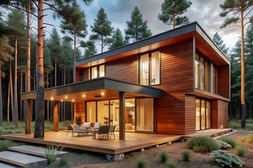 Fototapeta premium Visualization of a modern private house in the forest, Modern Minimalist Family Villa, cozy home. luxury real estate residential building concept.