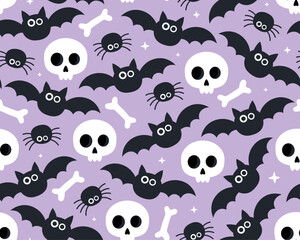 Halloween seamless pattern. Cute white skulls and bones, black spiders and bats on a purple background. Spooky, funny pattern for wrapping paper, textile.