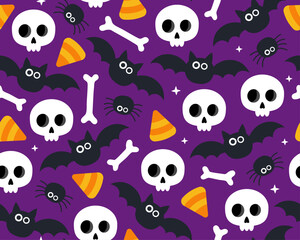 Halloween seamless pattern. Cute skulls, bones, spiders, bats and corn candies on a dark purple background. Spooky, festive, funny pattern for wrapping paper, textile.