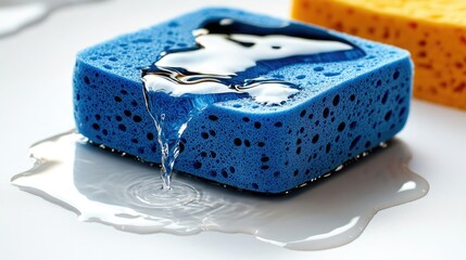 A vivid blue sponge saturated with water, dripping and showcasing its absorbent texture on a shiny surface.