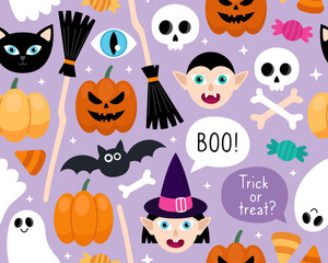 Halloween seamless pattern. Magic halloween cartoon illustration on a purple background. Witch, vampire, broom, pumpkins, jack-o-lantern, skull, bat, skeleton, cat. Design for wrapping paper.