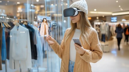 Immersive virtual reality shopping store customers can virtually try on products before buying. AI generated