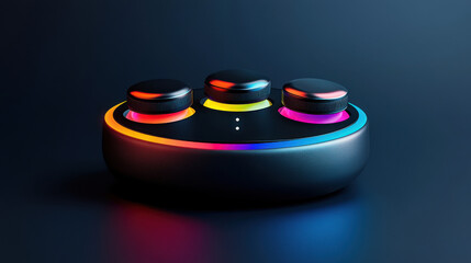 A sleek circular audio controller with vibrant RGB lighting and three control knobs, illuminated against a dark background.