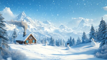 Fototapeta premium Cozy Winter Cabin in Snowy Mountains with Snowmen