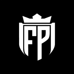 FP Letter logo shield shape inside shield badge crown on black background template design