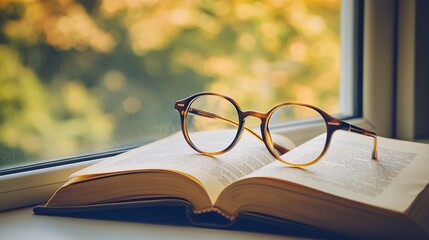 Open book with glasses on top near a window with a blurred background.