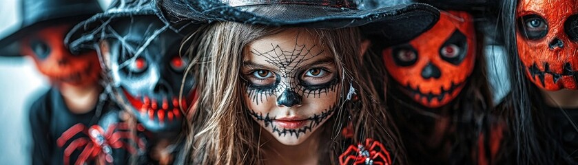 Festive Halloween costumes featuring monster mash characters, accented by intricate spiders and cobwebs, for a playful yet spooky Halloween scene