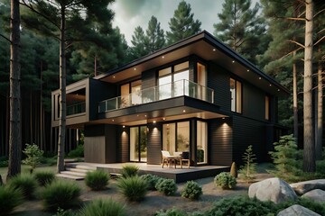 Fototapeta premium Visualization of a modern private house in the forest, Modern Minimalist Family Villa, cozy home. luxury real estate residential building concept.