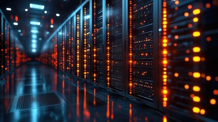 A futuristic data center filled with server racks illuminated by vibrant orange LED lights. This modern tech hub supports cloud computing, AI, and secure data infrastructure.