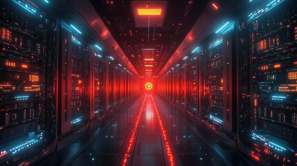 A futuristic data center hallway filled with glowing red and blue server racks, creating a high-tech and intense digital atmosphere.