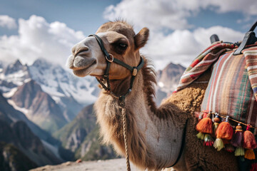Obraz premium Close-up of a Camel's Face with Mountain Range in the Background