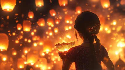 A Girl Releasing a Sky Lantern During a Festival