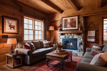 Fototapeta premium Warm Rustic Cabin Interior Featuring Framed Artwork and Cozy Decor