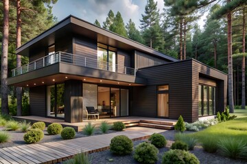 Fototapeta premium Visualization of a modern private house in the forest, Modern Minimalist Family Villa, cozy home. luxury real estate residential building concept.