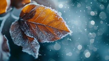 A detailed close-up of a single frost-covered brown leaf with a blurred, bokeh background. The intricate frost patterns highlight the delicate beauty of winter. Ideal for seasonal and nature-themed