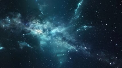 A celestial landscape featuring a nebula with twinkling stars