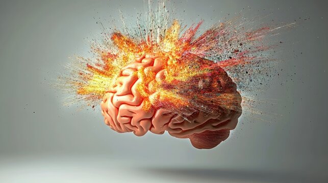 Concept art of a human brain exploding with knowledge and creativity