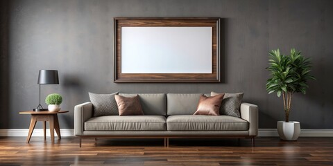 Living room wall art mockup on gray wall with horizontal dark wood frame in brown, living room, wall art