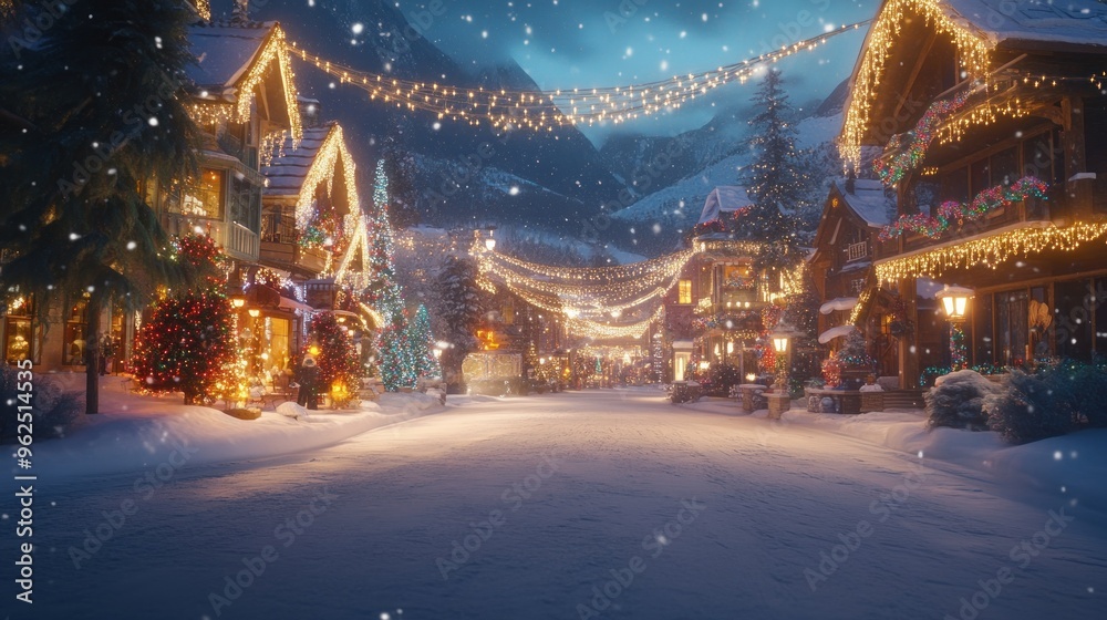 Wall mural Snowy Village Street Adorned with Christmas Lights at Night