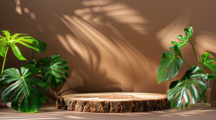 Mockup of wooden slice with monstera leaves on a brown backdrop.