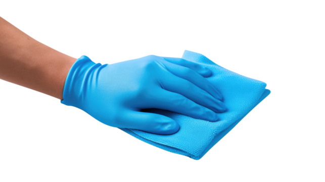 Hand in glove wiping cleaning polishing with microfiber cloth isolated on transparent white background, clipping path