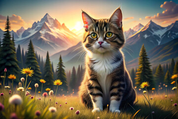 Obraz premium A Tabby Cat Posing in a Meadow with Mountain Backdrop at Sunset