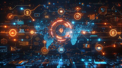 Obraz premium Digital background featuring various digital icons and data visualizations on a blue backdrop