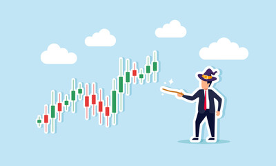 A magician businessman with a wand ready to turn a stock chart towards a positive trend, illustration of A person who can control the direction of the stock market