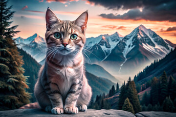Obraz premium A Tabby Cat Gazes Over Snowy Mountain Range at Sunset