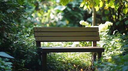 Naklejka premium A wooden bench surrounded by lush greenery in a park, bathed in sunlight.